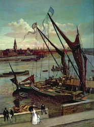 Descarregando a barcaça, o cais de Lindsay e a igreja de Battersea, c.1860